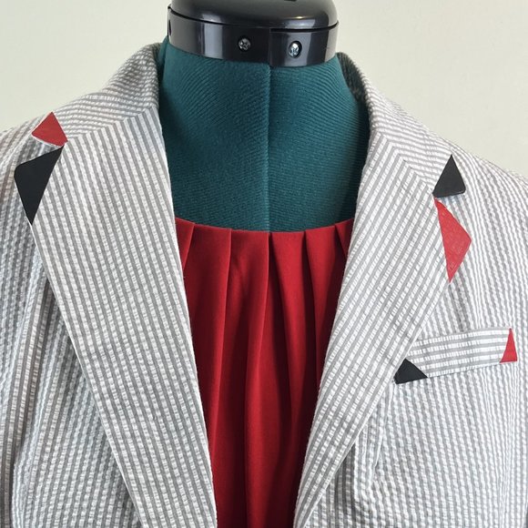 Cream & Gray Striped Seer Sucker Jacket Customized with Black/Red Embellishment - Picture 4 of 9